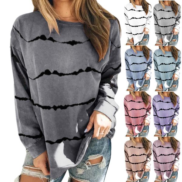 Otoño Invierno moda mujer gran oferta nuevo estilo Tie-Dye impreso rayas cuello redondo suelta manga larga camiseta mujer Top