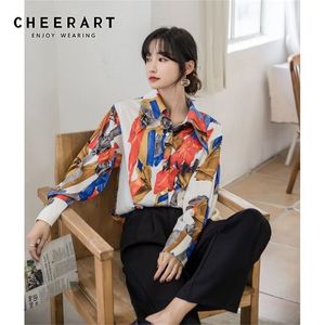 Otoño Mujeres mangas larga Bloque coreana Botón Coloque Camisa Damas Top Color Block Impresión Lo suelto Clothing 210427