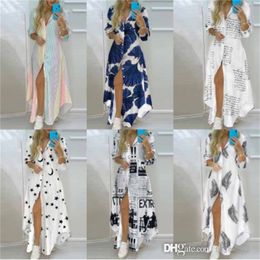 Femmes d'automne Robes maxi Blouses Bouton Down Down Fashion Classic Imprimé à revers Robe Party Robe à manches longues Cape