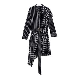 Herfst damesjurk asymmetrisch volledig kantoor dame afslanken persoonlijkheid en onregelmatige plaid shirt lange mouw jurken 210615