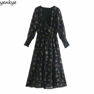 Herfst Vrouwen Vintage Gestippelde Bloemenprint Lange Mouw Wrap V-hals A-Lijn Casual Maxi Jurk Plus Size Herfst Vestido 210514