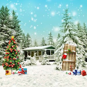 Copos de nieve que caen invierno nieve escénico telón de fondo impreso casa de pueblo pino árboles regalos árbol de Navidad niños foto fondos