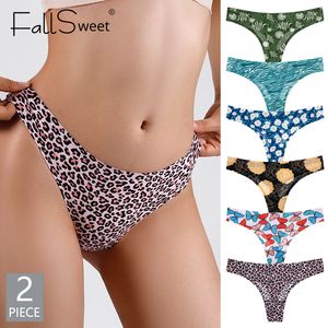 FallSweet 2 Pcs / Lot Plus La Taille Culotte Brésilienne String Femme Sexy Lingerie Impression Sous-Vêtements Sans Couture Taille Basse T Back Brief 220505