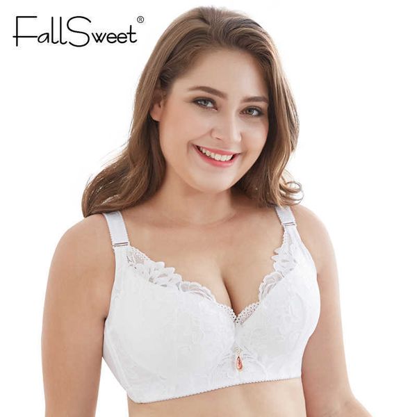 FallSweet Dentelle Soutien-Gorge Push Up Soutien-Gorge C / D Bonnet Plus La Taille Femmes Sous-Vêtements Soutien-Gorge À Armatures Blanc Noir Rose Bleu 34 38 42 50 210623