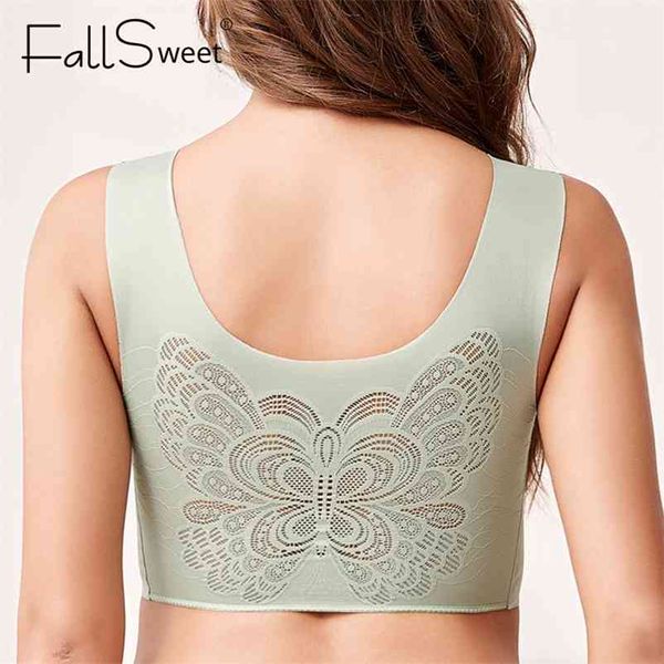 FallSweet Bras inalámbricos para mujeres Sin costuras Talla grande Lencería Sujetador activo con almohadillas Lace Beauty Back Bralette M a 7XL 210728