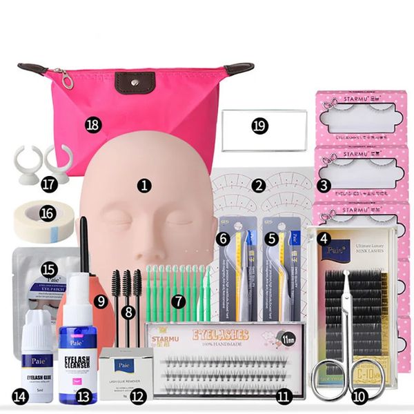 Kit de entrenamiento de extensión de pestañas de falso Modelo de práctica almohadillas para el ojo de los ojos de la cabeza del anillo del anillo del anillo de pegamento del injerto del injerto de herramientas de pestañas 240423