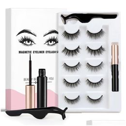 Pestañas postizas 3/5 pares 3D Conjunto magnético Imán impermeable Delineador de ojos Pinzas de larga duración Pestañas naturales Herramienta de maquillaje Drop Entrega DHP3H