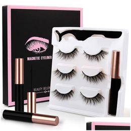 Valse wimpers 3 paren magnetische vloeibare eyeliner en wimpers natuurlijke nep set lijm magneet zwarte doos coloris groothandel make -up druppel del dh5kz