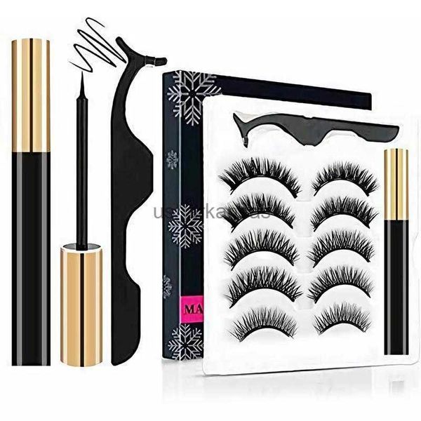 Eyelashes postizas 5 pares establecidas 3D Magnetic Eyelash Eyeliner and Eyelashes Tweezer Kit con reutilización sin pegamento Faux Mink Pestañas Falsas HKD230817