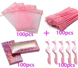 Faux cils 50100pcs 4 en 1 sac d'emballage de cils en vrac brillant paillettes couleur boîte rose avec brosses et pinces à cils 7045915