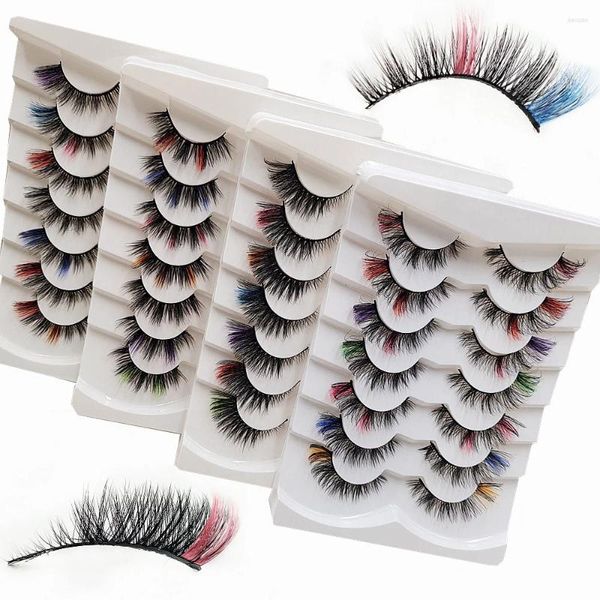 Faux Cils 7Paires Coloré Faux Mink Cat Eye Coloré D Curl Fluffy Volumes Russes Extension De Cils Épais Naturels