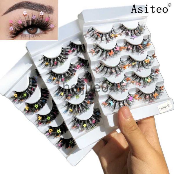 Pestañas postizas Asiteo 5 pares de pestañas con mariposa y flores Brillo en ellas Maquillaje de tira completa Pestañas postizas encantadoras Star Lash para fiesta x0802