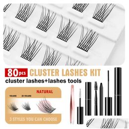 Faux Cils Easitension 80 Clusters Kit d'extension de cils Colle noire Revêtement adhésif Cils individuels naturels Segmenté Bundle D DH3ZS