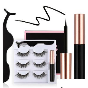 Faux Cils Paquet De Cils Boîte 3 5 10 Paire Aimant Magnétique Lash Set En Gros Eyeliner Pince À Épiler Combinaison Outils De Beauté Maquillage Dhhej