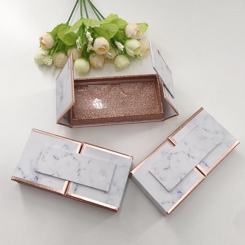Pestañas postizas Embalaje personalizado magnético Diseño de mármol vacío para pestañas de tira de 25 mm Paquete de oro rosa de visón 3D