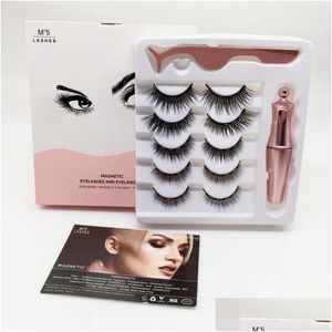 Valse wimpers magnetische vloeistof eyelineraddmagnetiddtweezer ingesteld geüpgraded 5 paren magneet nep oog lashes geen lijm make -upgereedschap 3in1 k dhtnw