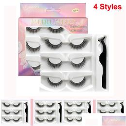 Faux cils maquillage 3D cils auto-adhésifs 3 paires faux cils avec extension de pince à épiler cils faits à la main doux confortable épais Cros Dheay