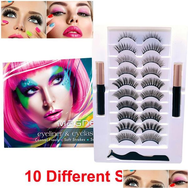 Faux Cils Mise À Niveau Magnétique Avec Eyeliner 10 Paires 3D 5D Doux Cils 2 Tubes Colle De Maquillage Liquide Aspect Naturel Cils Réutilisables Dh1Fv