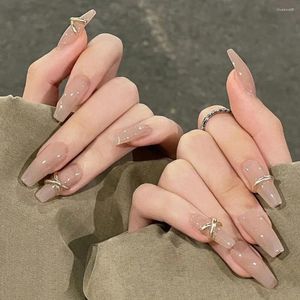 Faux ongles 1 set ongles couverture complète haute brillance superbe effet visuel bricolage avec colle flocons d'avoine latte petite barre d'or artificielle