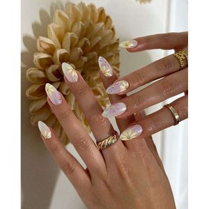 Uñas postizas 10 piezas Bailarina larga Brillo dorado francés Cubierta completa falsa Puntas de uñas Presione en DIY Ataúd desmontable hecho a mano Presione en las uñas