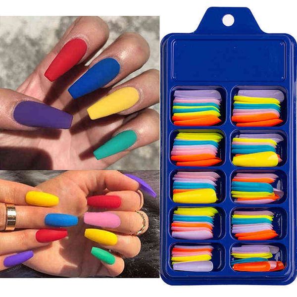 Uñas postizas 100 piezas de uñas postizas de color caramelo, cubierta completa, pegatinas puntiagudas sólidas, puntas largas de bailarina azul y rosa 220225