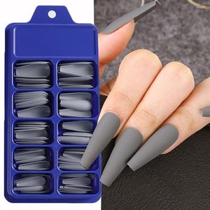 False Nails 100pcs/Box Solid Color Long Coffin Fake Grey Press On Nail Art Tips Matte Full Cover Manicure Tools MS01-10