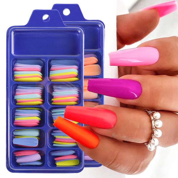 Faux Ongles 100pcs Cercueil Conception Faux Art Outils Mélanger Couleurs Néon Ballerine Appuyez Sur Ongles Complets Conseils De Manucure BE18951 230425