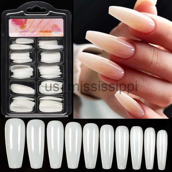 Uñas postizas 100pcsbox Uñas postizas naturales Extensión de cobertura total blanca clara Puntas de uñas postizas Gota de agua en forma de T Etiqueta completa para uñas x0826