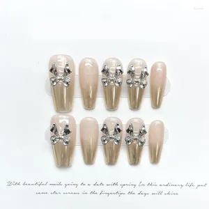 Faux ongles 10pcs ballerine presse à la main sur portable long arc français strass doré réutilisable couverture complète faux pointe art