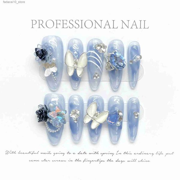Faux ongles 10 pièces bleu français Y2k ongles conseils longs Ballet à la main faux ongles avec 3D fée papillon diamant perle décoration faux ongles Art Q240122