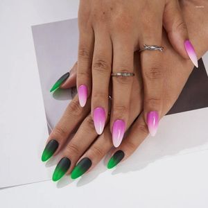 Kunstnagels 10st Frans verloop op blauw roze glans Flash nageltips Draagbaar Volledige dekking Amandel Kunstmatige DIY-manicure