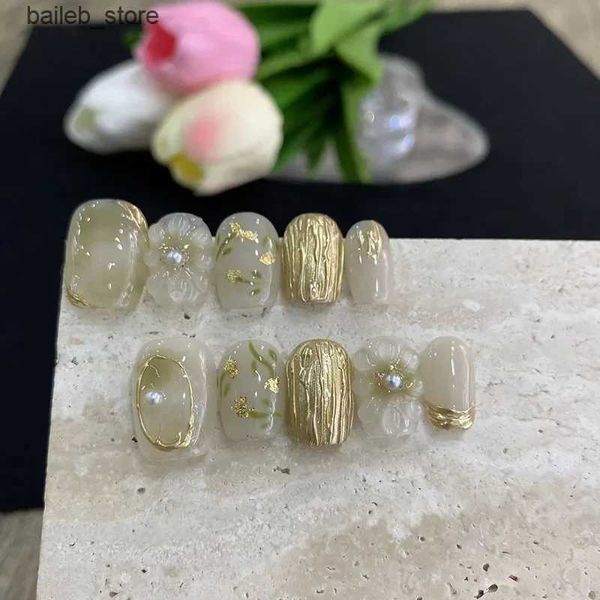 Uñas falsas 10pcs lámpara de oro hecha a mano Charms 3D Flores Press en uñas Cuerdas cuadradas cortas Cañas falsas con ballet de pegamento ACRYLIC UNAS FALLAS puntas Y240419 Y240419