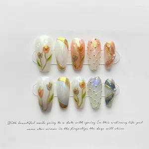 Faux ongles 10pcs Presse à la main sur Tulip Designs Portable Réutilisable Couverture complète Faux Acrylique Long Nail pour les filles