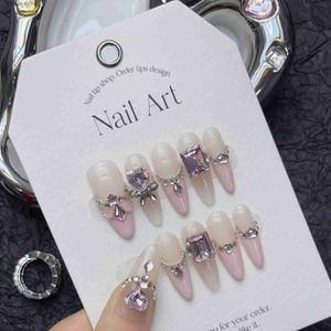 Valse nagels 10 stks Love Bubble French Steel Ball Chain Handmade Acryl Pink Artificial Nails met lijm Ballet Amandel Pers op nagelset Y240419