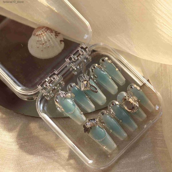 Faux ongles 10pcs nouveau design de haute qualité à la main mode bonne qualité bleu long cercueil faux ongles paillettes diamant ongles conseils Q240122