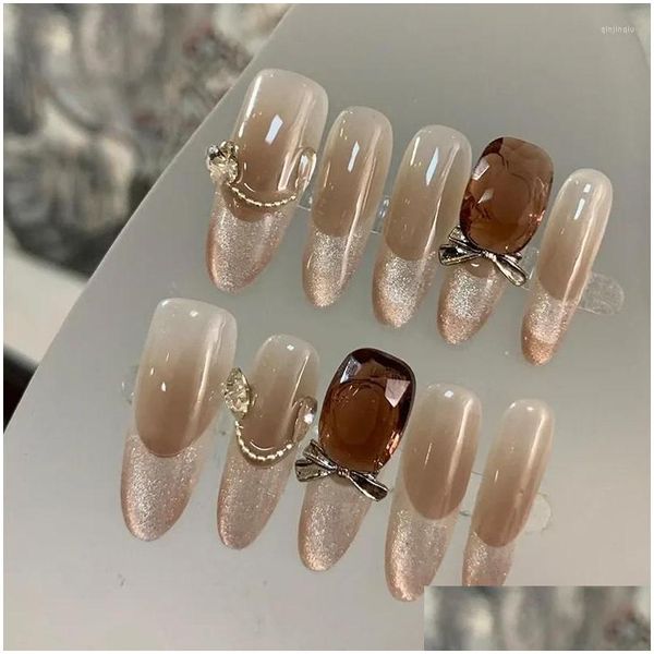 Faux ongles 10pcs amovible caramel brun français artificiel avec des yeux de chat conçoit style d'hiver presse d'amande sur longue livraison de goutte guérir ot2la