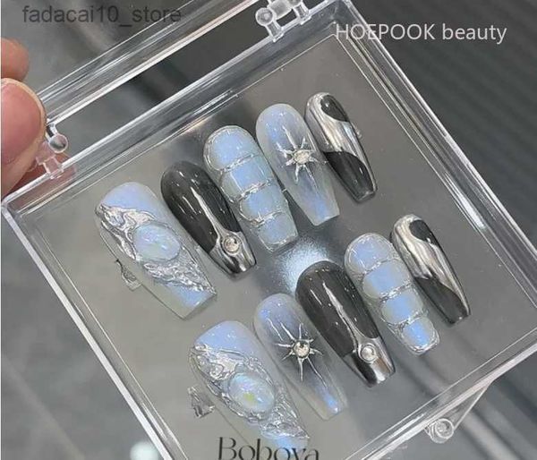 Faux ongles 10 pièces argent soleil dieu conception long ballet ongles faits à la main bleu noir dégradé faux ongles art imperméable artificiel presse sur les ongles Q240122