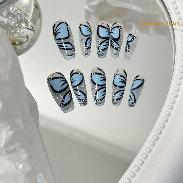 Uñas postizas, 12 unidades por caja, diseño pintado a mano reutilizable falso, mariposa azul, arte de uñas personalizado Premium para mujer