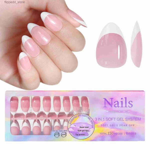 Faux ongles 150pcs pointe pré-française appuyez sur les ongles courts cercueil amande brillant couverture complète blanc français manucure ongles conseils sans couture ajustement lit d'ongle Q231114