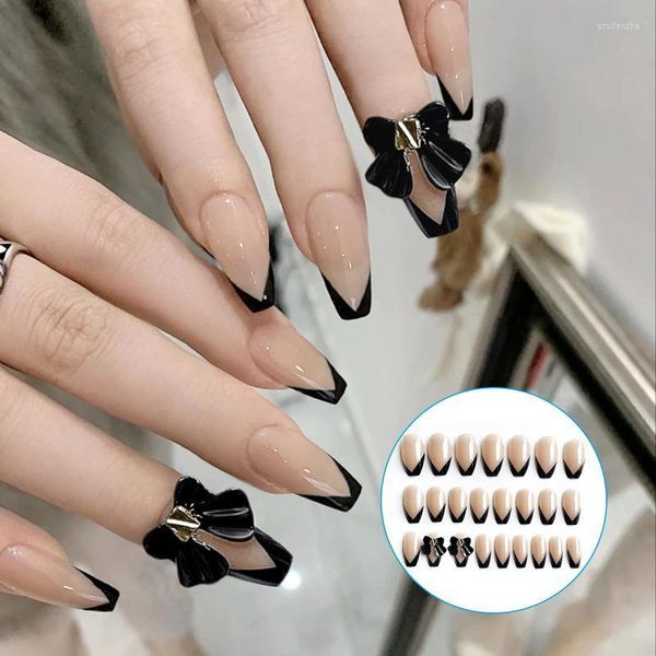 Falsas Nails 2022 24pcs Jelly Long Nail Piece con decoración de arco Adhesivo Manicura Parche Ahorre tiempo Prud22