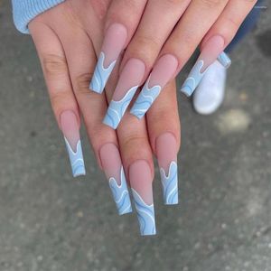 Uñas falsas 2023 24 piezas de ola azul parche de uñas estilo dulce type de pegamento extraíble manicura larga manicura ahorrar tiempo