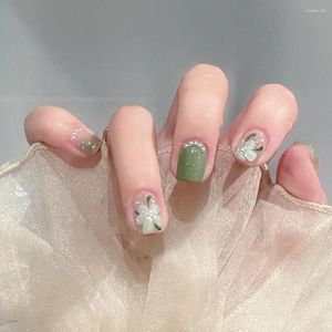 Faux ongles 2023 24 pièces fleur verte douce perle faux pour femmes et filles facile à déchirer ne tombe pas style français patch à ongles