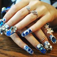 Faux ongles 2023 24 pièces brillant bleu gemmes paillettes diamant long faux pour les femmes artificiel Style français ongles Patch
