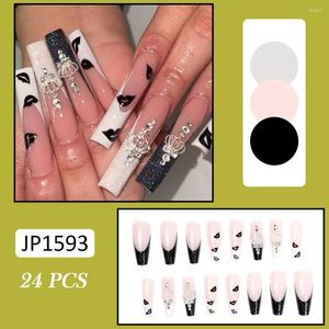 Falsas Nails 2023 24PCS Prensa larga en lindo estampado de labios negro Cobertura completa Gel de gelatina artificial / Tipo de pegamento Pieza de uñas terminada