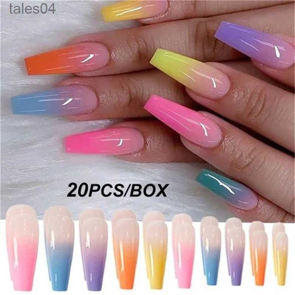 Faux ongles 20 pièces/boîte coloré acrylique faux longs ongles de cercueil faux ongles forme plate Art conseils naturel couverture complète faux ongles conseils pour manucure YQ231115