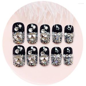 Faux ongles 24 pièces noir strass ongles mariée manucure ruban adhésif Double face accessoires de mariage mode Style Art court faux