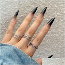 Kunstnagels 24 stuks / doos Lange stiletto-nageltips Gradiëntzwart Slijtage Fl Er-manicurepatches Druk op kunst Vingernagels voor meisjes Drop-levering Otpmm