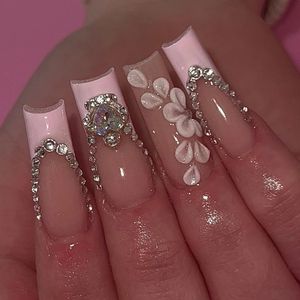 Faux ongles 24 pièces brillant longue ballerine presse sur ongles rose style français faux ongles avec strass brillant artificiel réutilisable faux ongles 231207