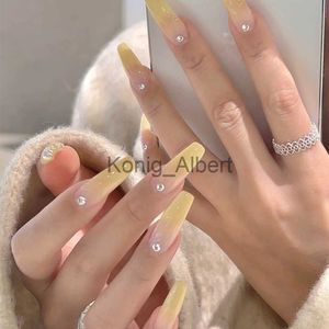 Valse nagels 24 pc's licht gele diamant nep nagels druk op nagelontwerpen kunst lange tips valse vormen met lijmstickstickers herbruikbare set x0818