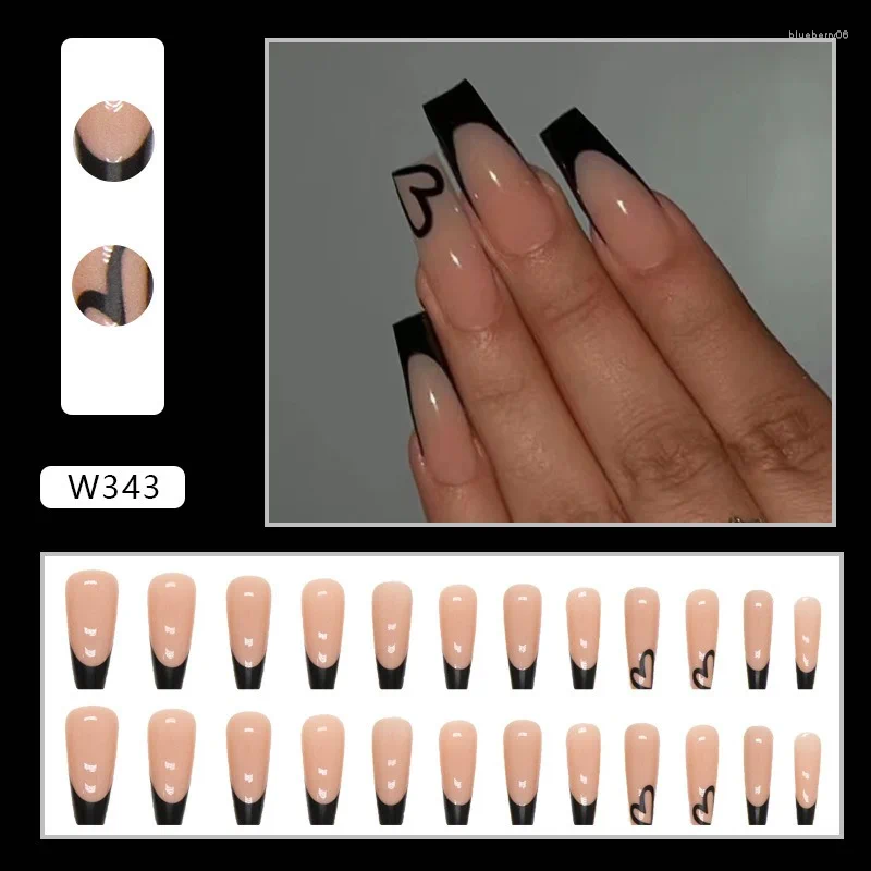 False Nails 24 PCs Long French Simple Love With 1 Jelly Gel And Nail File Removable Wearable Handmade Patches